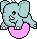 Pixelated light blue elephant with black eyes and white teeth sits on a pink curved shape against gray background.