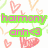 Pixelated static image with green rectangular text boxes containing pink lowercase letters, surrounded by scattered heart shapes and abstract lines on a white background.