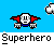 Animated contact sheet showing 13 frames of a pixel-art superhero icon with red wings, blue body, and white face against a blue sky background with clouds and houses.