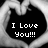 Black heart-shaped icon with white pixelated text reading "I Love You!!!" on a grayscale gradient background.