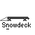 Pixelated character in yellow shirt and blue pants performs snowboarding actions on gray background with repeated "Snowdeck" text.