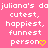 Pink background with repeated white text 'juliana's dajuliana's da cutest, happiest, funnest person' and yellow heart or arrow symbols.