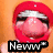 A close-up of a person's mouth with red lips and silver lip gloss, showing text labels 'Neww', 'Lip Gloss', and 'w00p' in black boxes.