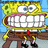 Yellow cartoon character with large white teeth, red tie, brown pants, and black shoes stands on a wooden structure against blue background.