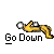 Pixelated static icon showing a yellow stick figure with white circular eyes and black outlines running left to right above the text "Go Down" on a gray background.