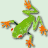 Green frog with orange accents on limbs and head, red eyes, gray outlines, pixelated style against light background.