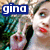 Pixelated image with blue 'gino' text box, partial face with red lips, and green foliage background.