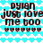 Pixelated text and heart symbols on a blue and white heart-patterned background with repeated text elements.