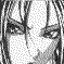 Black-and-white pixelated image of two anime-style figures with long hair, one holding a sword-like object near their face.