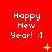Red background with repeated 'Happy New Year! :)' text and yellow star-like shapes in a pattern