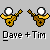 Pixelated character with white spherical head and yellow body holding brown guitar-like instrument, repeated in pattern under text "Dave + Tim"
