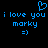 Blue pixelated text and symbols on black background: 'i love you marky =)' with heart above, repeated twice.