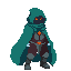 Pixel art character with teal hooded cloak, dark armor torso, orange chest and eye accents, light blue shoulder pads, gray boots on solid gray background.