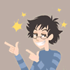 cartoon character with black spiky hair, blue striped shirt, and glasses, making pointing gestures with yellow text overlays changing across frames