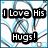 Pixelated icon with black text blocks reading "I Love His Hugs!" over a white background with blue and gray abstract lines.