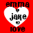 Red background with four white heart-shaped icons containing text and small heart symbols, each icon displaying 'emma', 'jake', and 'love' in black pixelated font.