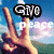 A hand making a peace sign against a blue sky with clouds and green landscape, featuring text overlays.