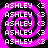 A static image of a repeating pattern featuring the name 'ASHLEY' in white text over a black and pink spiral background.