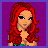 Pixel art of a character with red hair, blue eyes, and a green top against a purple background, with visible text reading "Pimpin!".