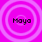 Four identical circular icons with concentric rings on a bright pink background, each containing the text "Maya" in black pixelated font.