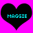 Two black heart shapes on a bright pink background, each containing the text "MAGGIE" in cyan pixelated letters.