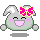 Pixel art bunny with pink bow, green trim, and smiling expression in four variations showing subtle pose differences.