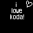 Black background with white pixelated text 'i love koda!' and a heart symbol above the left instance of 'love'.