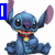 Blue cartoon character with large ears and purple nose sits in a cross-legged pose, wearing red collar with yellow tag.