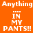 A static image with orange background displaying repeated text 'Anything IN MY PANTS!!' in white pixelated font with black and orange alternating text blocks.