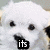 A four- shows a white puppy with black eyes and nose, each displaying different text overlays