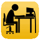 Yellow square icon with rounded corners showing a black silhouette of a person at a desk, first sitting upright then leaning forward with two stars above the head.