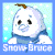 A 4-frame animated contact sheet of a pixelated snowman character with varying facial expressions, each frame showing the same character against a light blue background with white dots and text "Snowy Bruce" at the bottom.