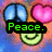 Pixelated cartoon face with blue peace sign, pink heart, and green smile; text changes from Peace. to Love. to Hapiness.