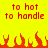 Pixelated red text on bright yellow background with orange flame shapes at bottom.