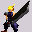Pixelated character with spiky yellow hair, dark blue sleeveless top, and black pants holding a large black sword in one view, then shown without the sword in another.