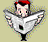 Pixelated character with red hair and white face, wearing a large white cape-like garment over black pants, standing against light beige background.