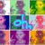 Pixelated of character portraits with cyan text reading 'oh hi' in the center , surrounded by colorful backgrounds