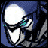 Pixelated character face with blue mask and white eyes, showing text variations below the face in a