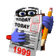 Animated cartoon character with blue gloves holds yellow pencil and paper labeled 'TODAY' against gray background.