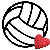 Pixelated black line drawing of a volleyball with a red heart-shaped pendant attached to its lower right side, set against a white background.