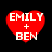 Four red heart-shaped icons with white text 'EMILY + BEN' displayed on black background, each with distinct pixelation patterns.