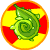 Six animated frames of a green twirly fruit icon on red and yellow striped background within circular border.