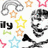Pixelated static image of multiple distinct icons including stars, abstract shapes, and partial text fragments on white background.