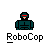 Pixel art of a RoboCop character in dark teal armor with red accents, displayed across six positions on gray background