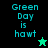 Pixelated text 'Green Day is hawt' appears in cyan on black and teal backgrounds with a star symbol changing from green to black.