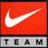 Red square icon with white Nike swoosh and gray 'TEAM' text below, adjacent to red background with black pixelated text reading 'the cow says moo'.