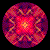 A circular animated icon with shifting geometric patterns in red, purple, and yellow hues displaying four distinct states.