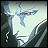 Pixelated anime-style character face with light blue hair and dark clothing, next to stylized text on a black background.