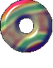 A circular, glossy donut-shaped object with swirling rainbow colors on a gray background.