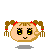 Pixel art character with brown pigtails tied by red bands, yellow eyes, and peach skin in four expressions: smiling, open-mouthed, neutral, and blushing.